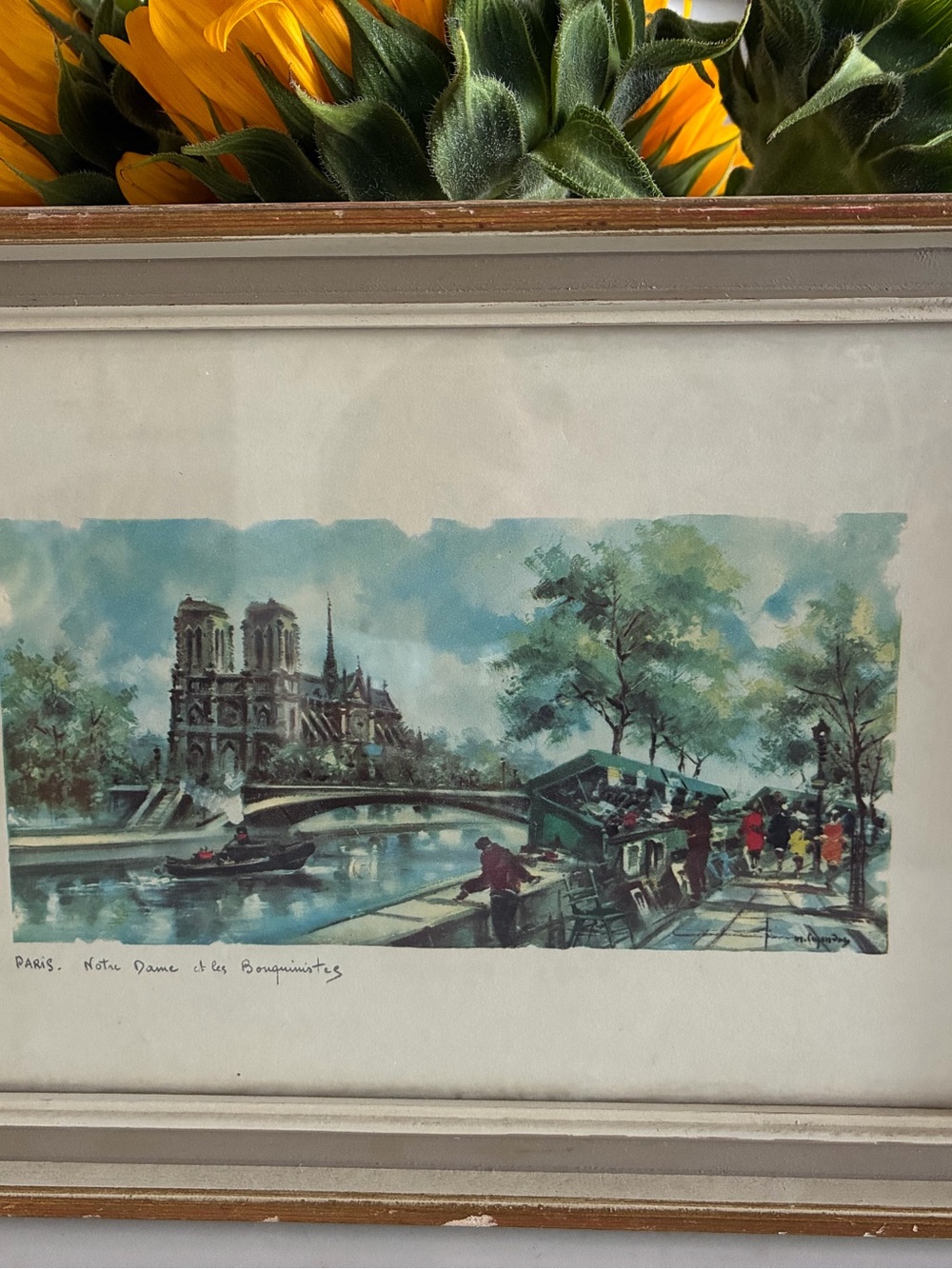 Framed Paris Notre-Dame Watercolor Print in Cream and Gold Wood Frame 1960s